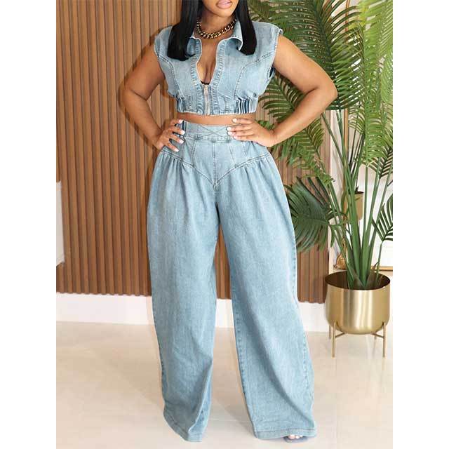 Zipper Up Crop Top Wide Legs Denim Pants Set