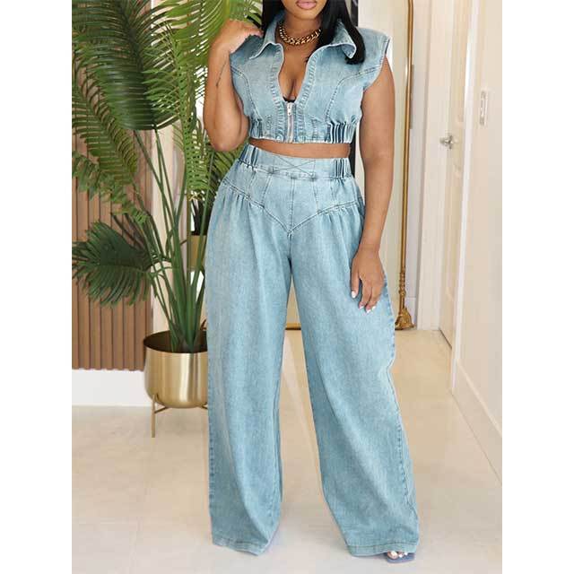 Zipper Up Crop Top Wide Legs Denim Pants Set