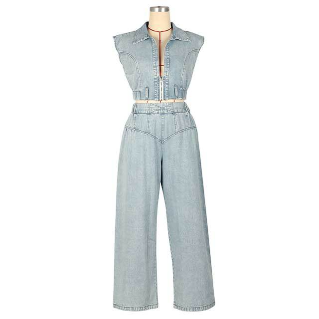 Zipper Up Crop Top Wide Legs Denim Pants Set