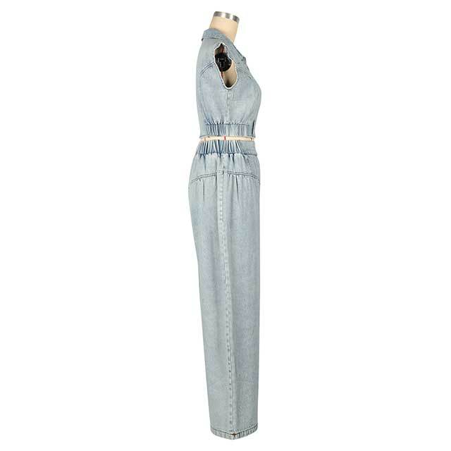Zipper Up Crop Top Wide Legs Denim Pants Set