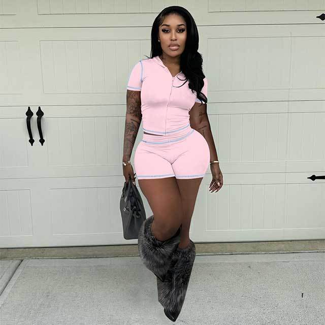 High Elastic Sports Hooded Cardigan Short Sleeve Shorts Set