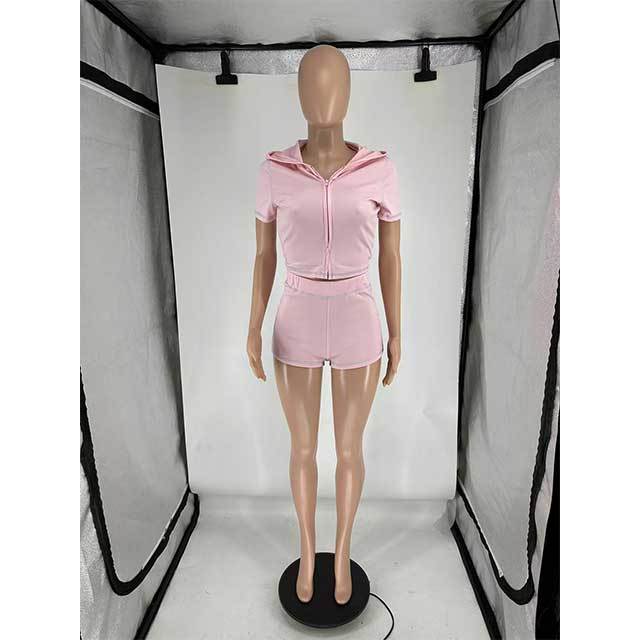 High Elastic Sports Hooded Cardigan Short Sleeve Shorts Set