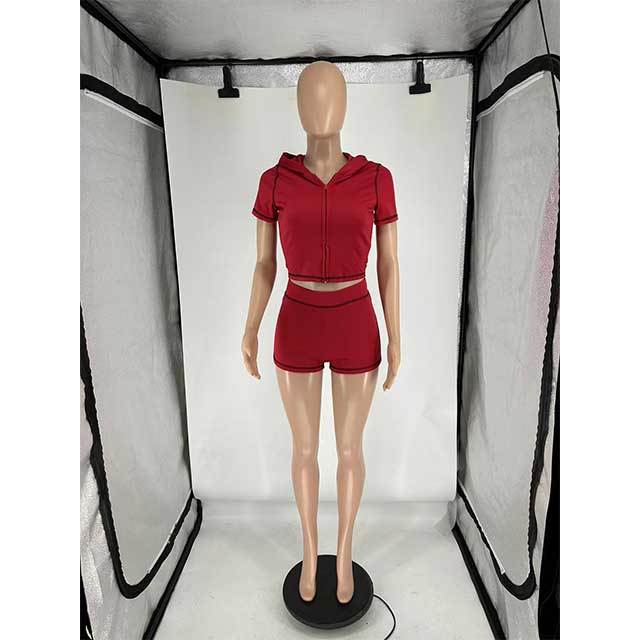High Elastic Sports Hooded Cardigan Short Sleeve Shorts Set