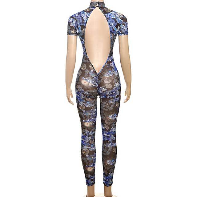 Printed Backless Tight Jumpsuit