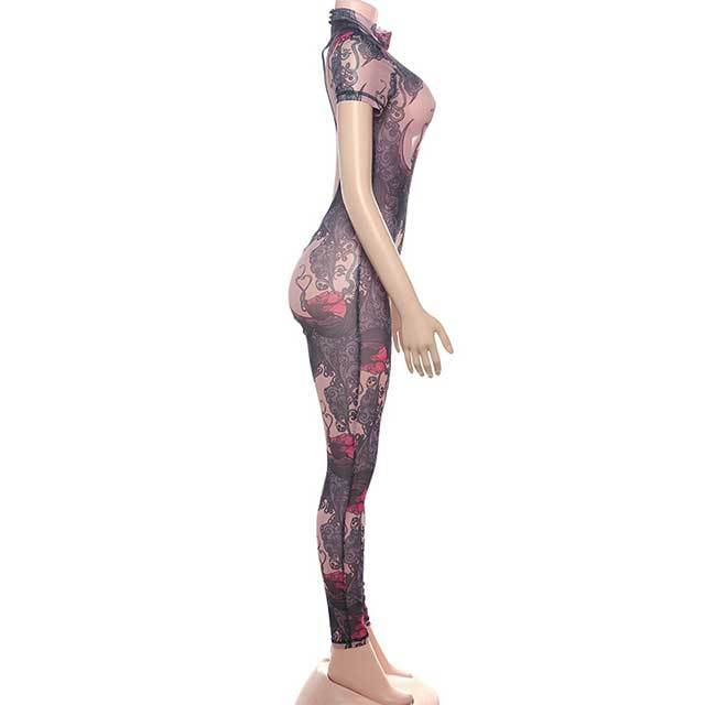 Printed Backless Tight Jumpsuit
