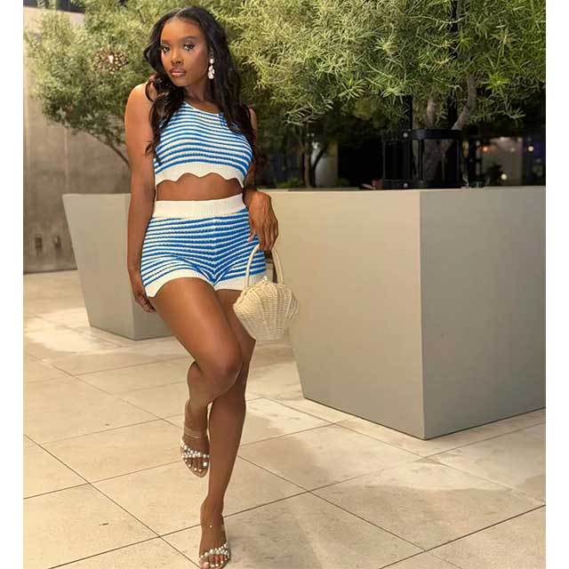 Color Block Striped Knitting Short Set
