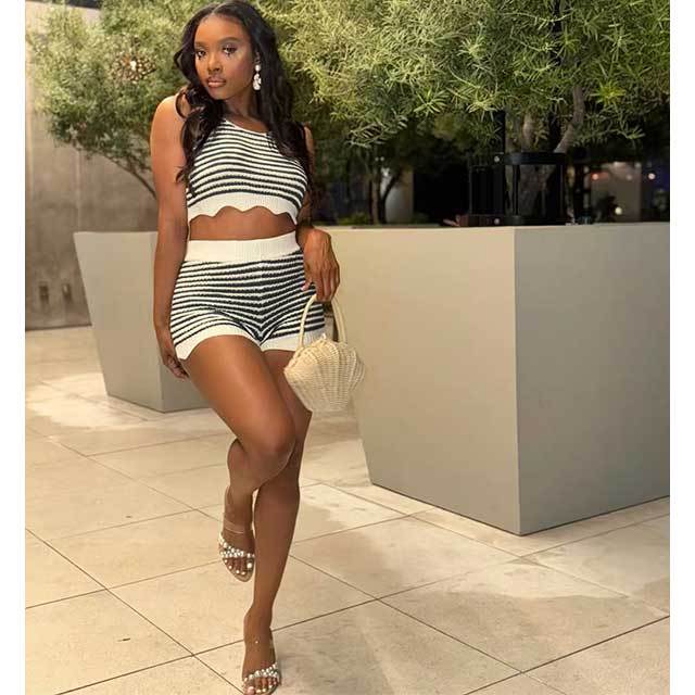 Color Block Striped Knitting Short Set