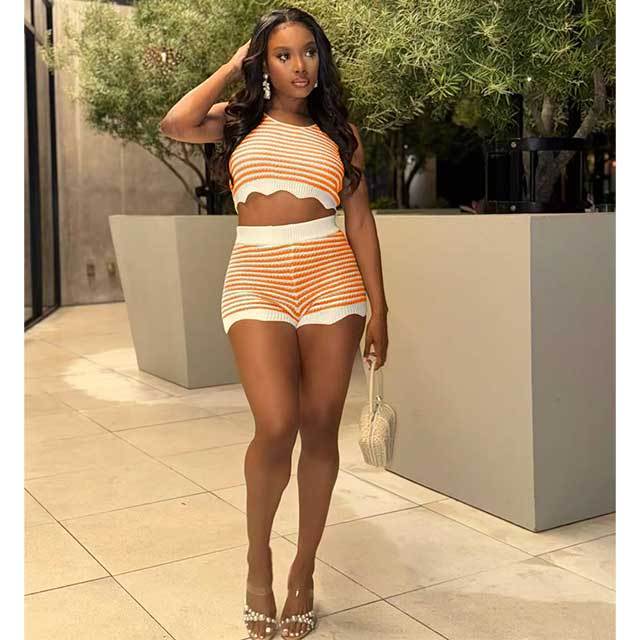 Color Block Striped Knitting Short Set