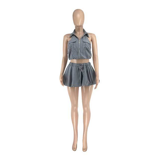 Halter Neck Backless Crop Top Bubble Skirt Set