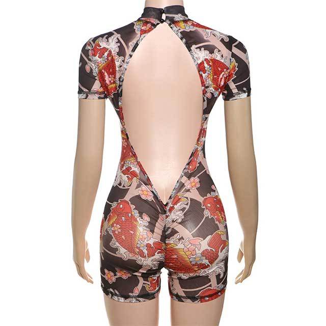 Sheer Mesh Printed Backless Slim Romper