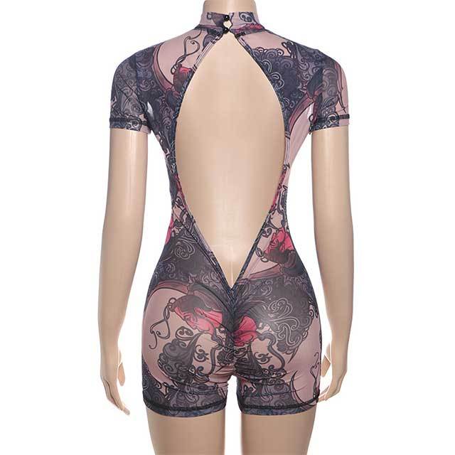 Sheer Mesh Printed Backless Slim Romper