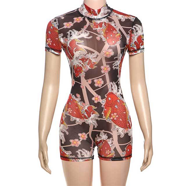 Sheer Mesh Printed Backless Slim Romper