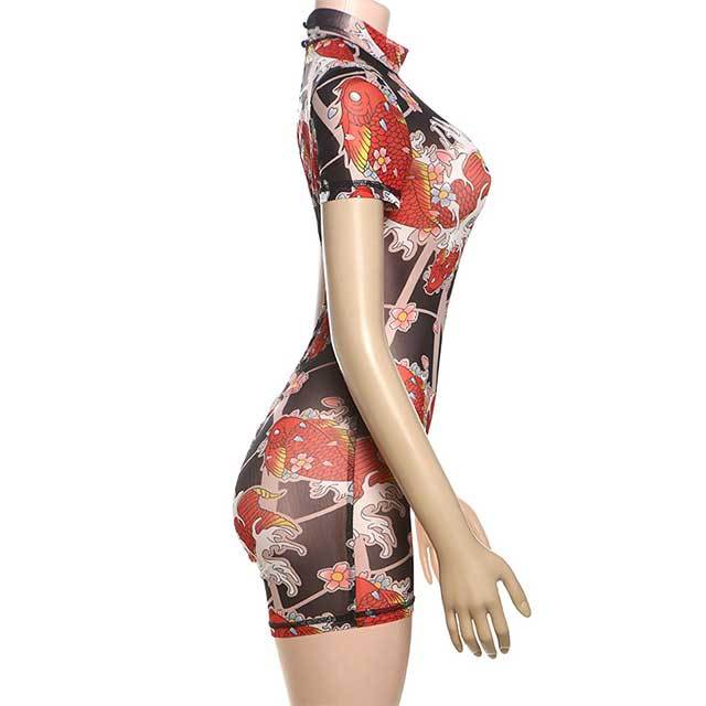Sheer Mesh Printed Backless Slim Romper