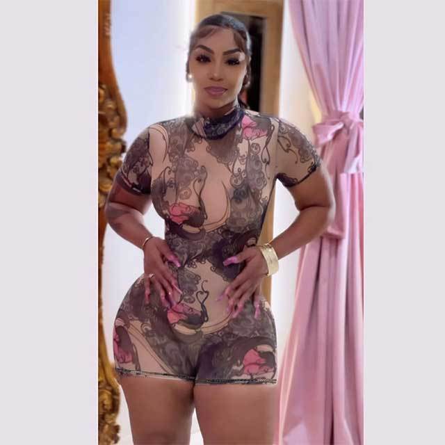 Sheer Mesh Printed Backless Slim Romper