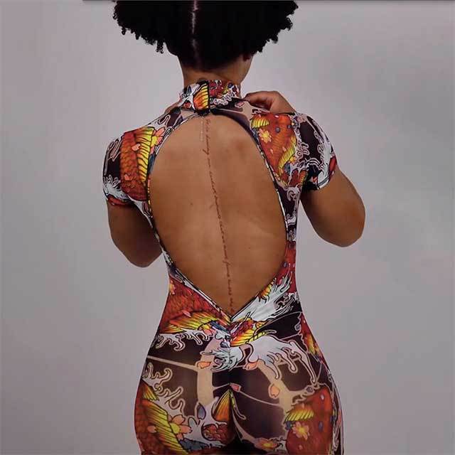 Sheer Mesh Printed Backless Slim Romper