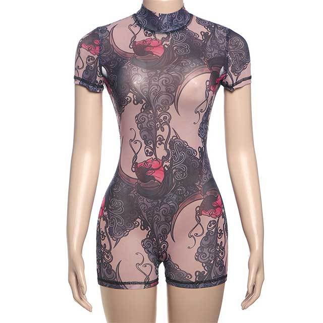 Sheer Mesh Printed Backless Slim Romper
