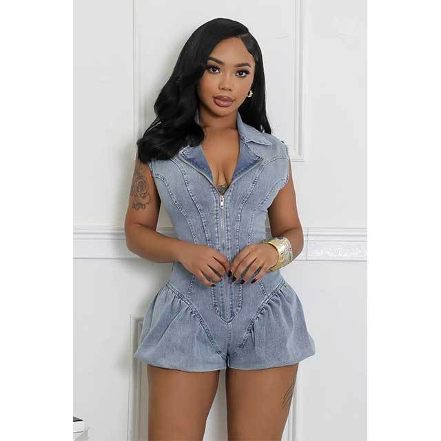 Sleeveless Zipper Up Slim Denim Bobble Romper