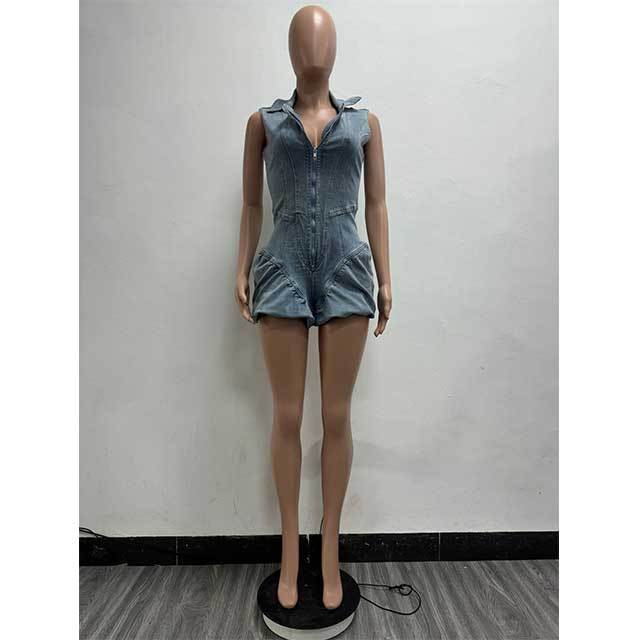 Sleeveless Zipper Up Slim Denim Bobble Romper