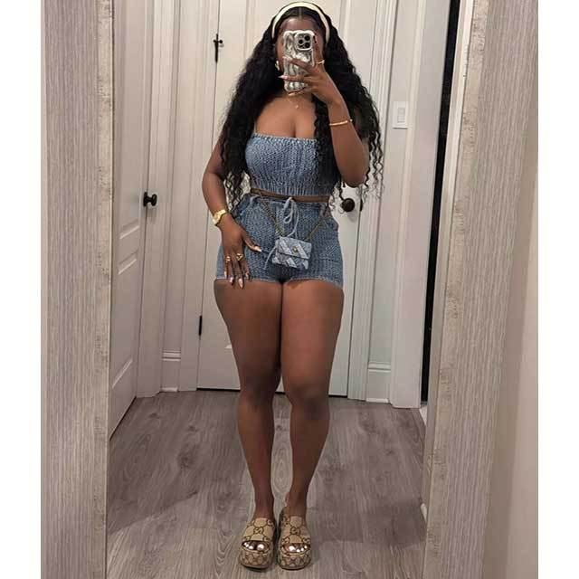 Tied Up Cami Top Elastic Waist Denim Short Set