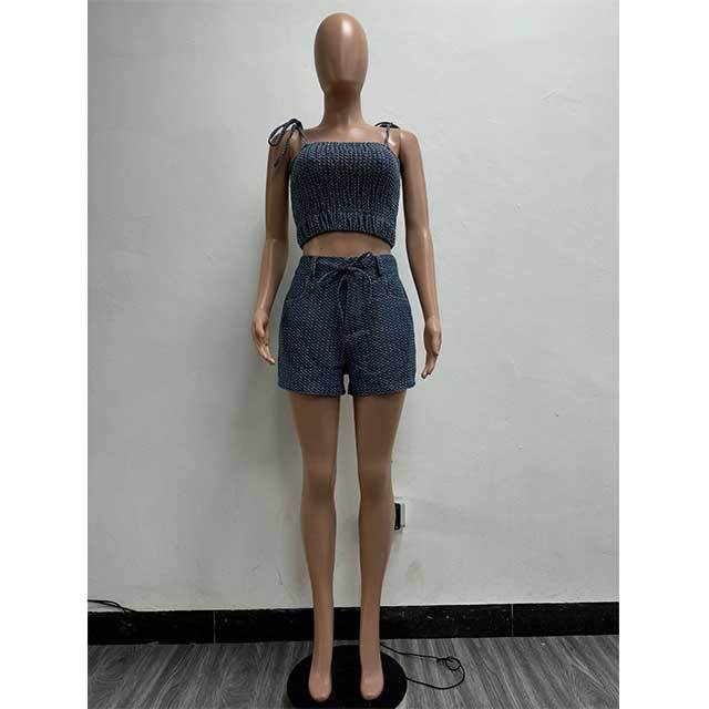 Tied Up Cami Top Elastic Waist Denim Short Set