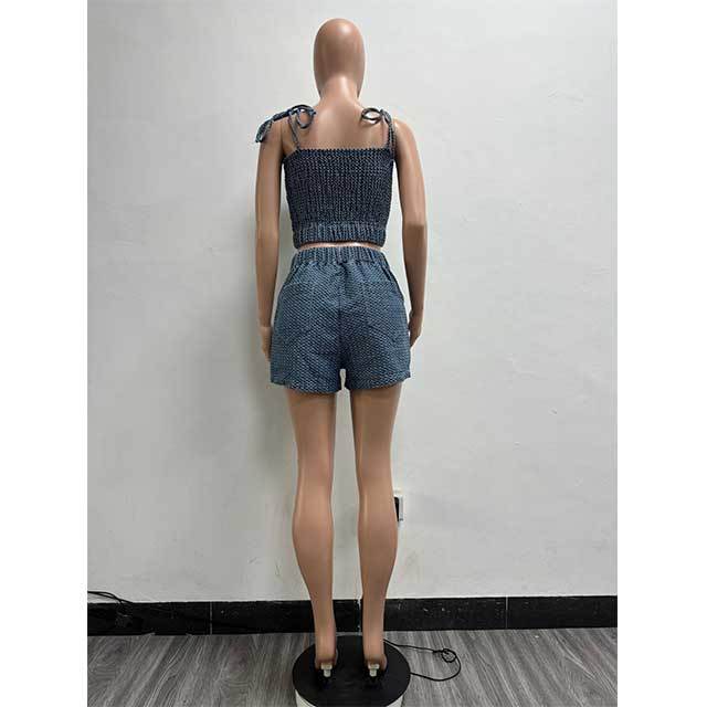 Tied Up Cami Top Elastic Waist Denim Short Set