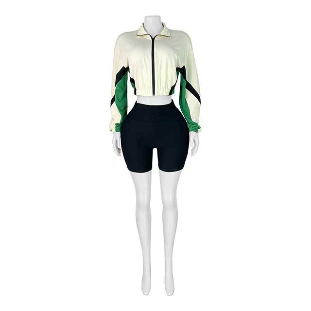 Contrast Color Zipper Up Jacket Top Fitted Short Set
