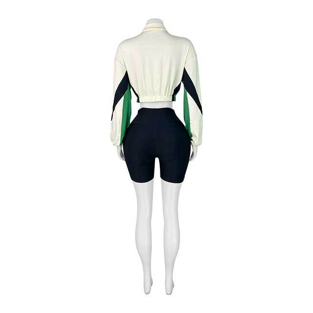 Contrast Color Zipper Up Jacket Top Fitted Short Set