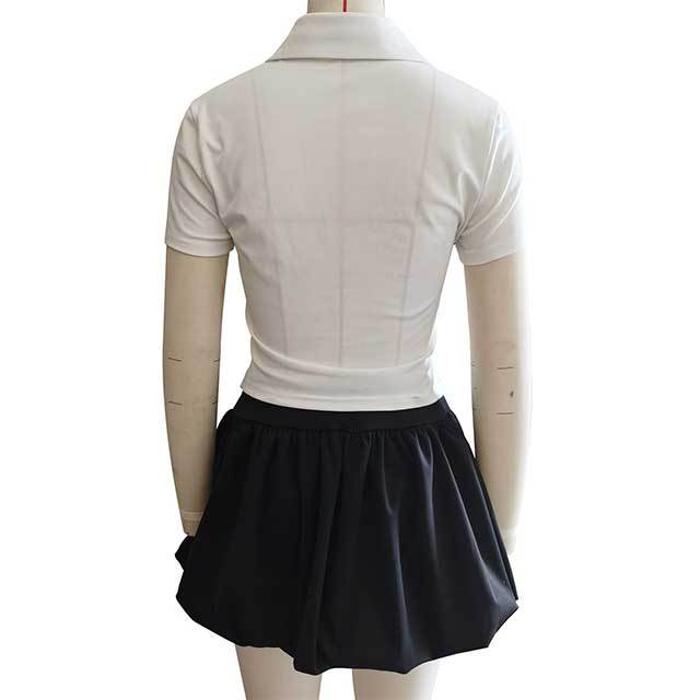 Lace Patchwork Short Sleeve Tops Striped Bubble Skirt Set