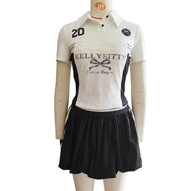 Lace Patchwork Short Sleeve Tops Striped Bubble Skirt Set