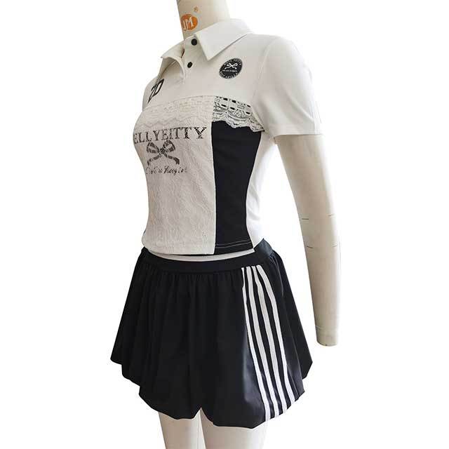Lace Patchwork Short Sleeve Tops Striped Bubble Skirt Set