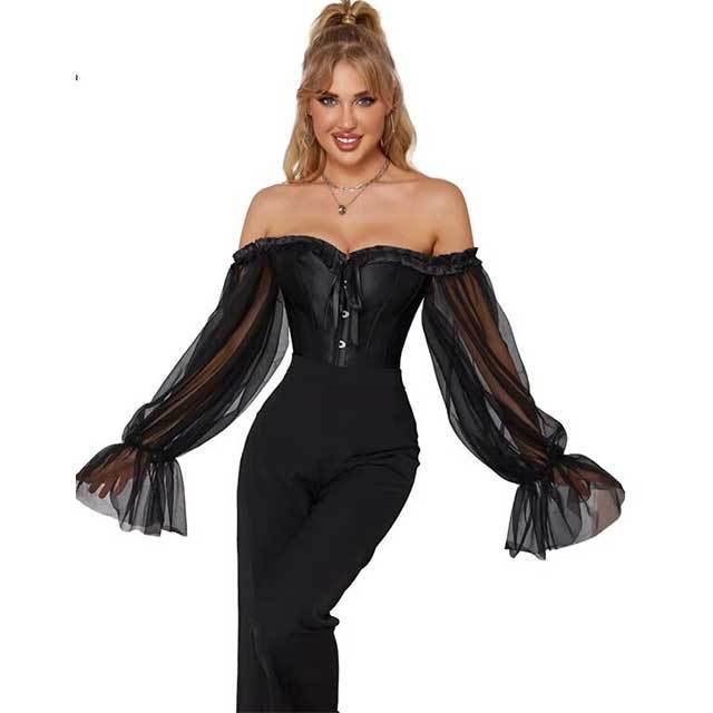 Sheer Mesh Long Sleeve Bustier Corset Top