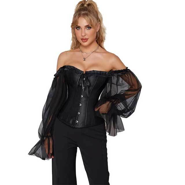 Sheer Mesh Long Sleeve Bustier Corset Top
