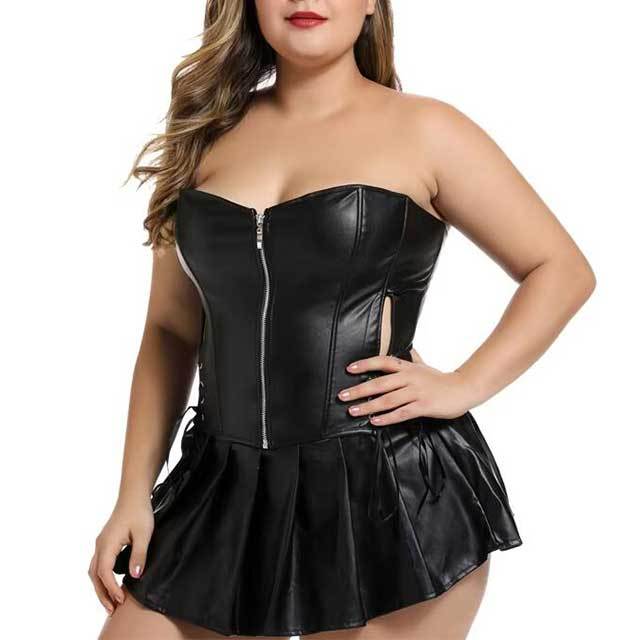 Synthetic Leather Overbust Corset Top Skirt Set