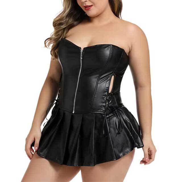 Synthetic Leather Overbust Corset Top Skirt Set