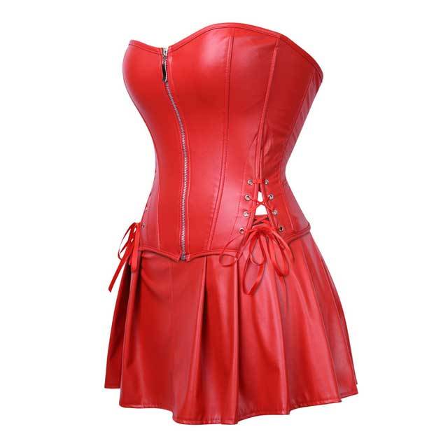 Synthetic Leather Overbust Corset Top Skirt Set