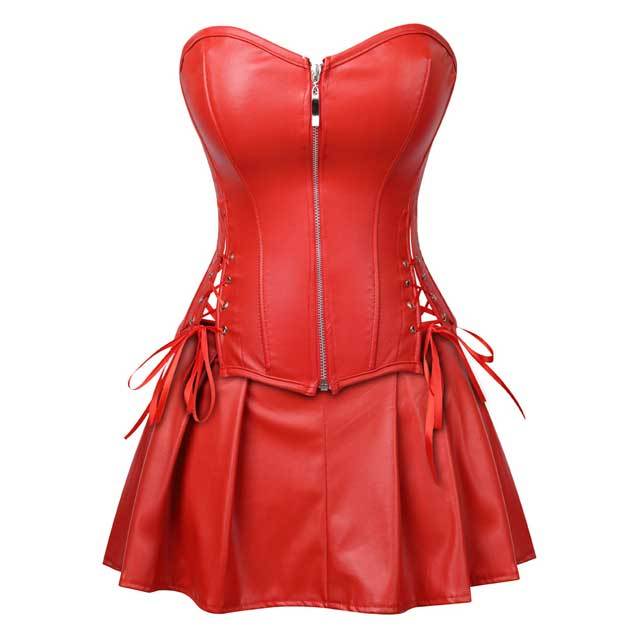 Synthetic Leather Overbust Corset Top Skirt Set
