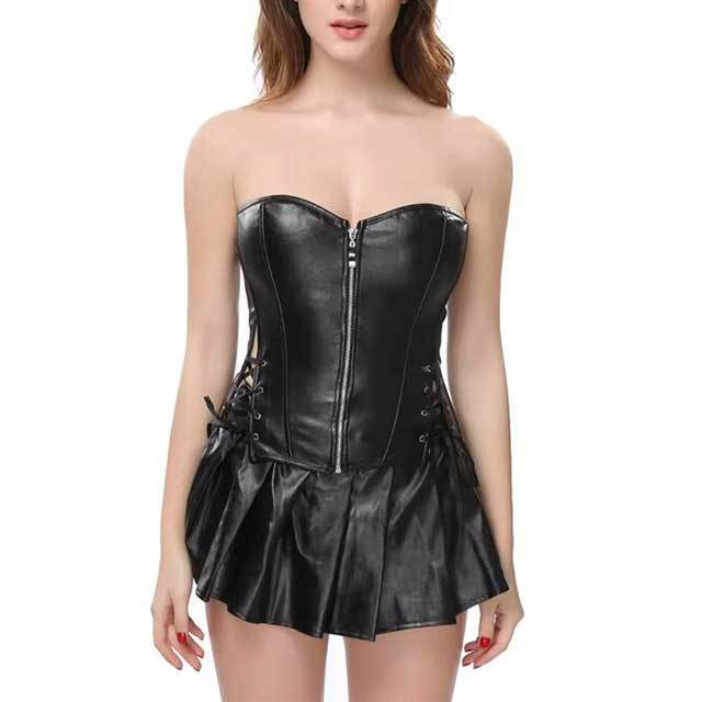 Synthetic Leather Overbust Corset Top Skirt Set