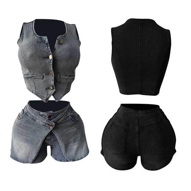 Buttons Down Sleeveless Crop Top Denim Short Set