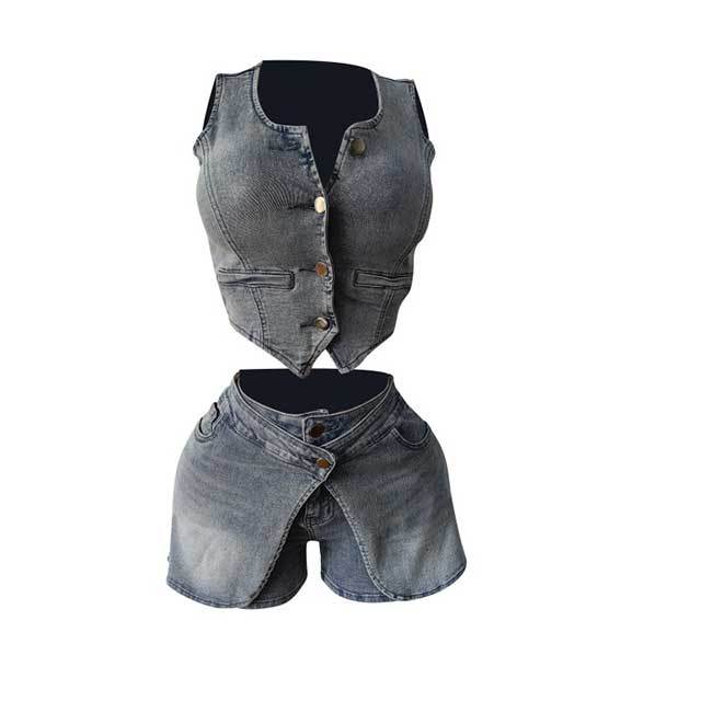 Buttons Down Sleeveless Crop Top Denim Short Set
