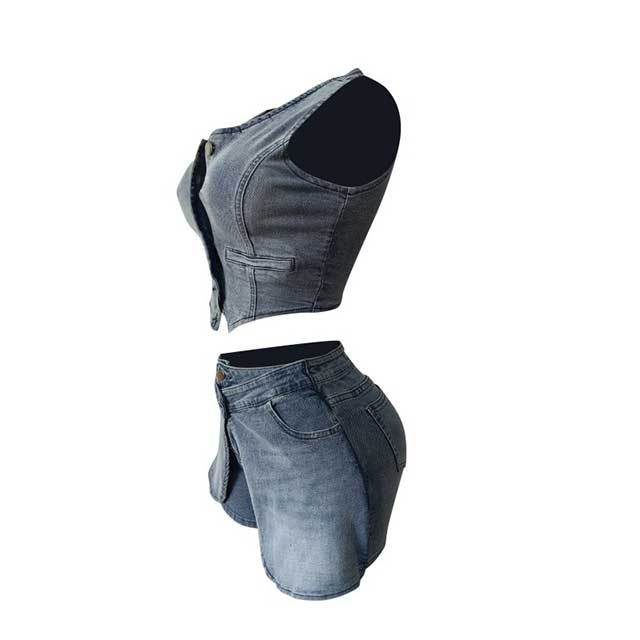 Buttons Down Sleeveless Crop Top Denim Short Set