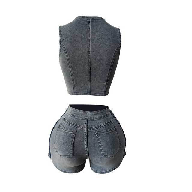 Buttons Down Sleeveless Crop Top Denim Short Set