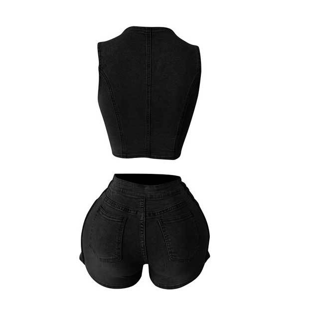 Buttons Down Sleeveless Crop Top Denim Short Set