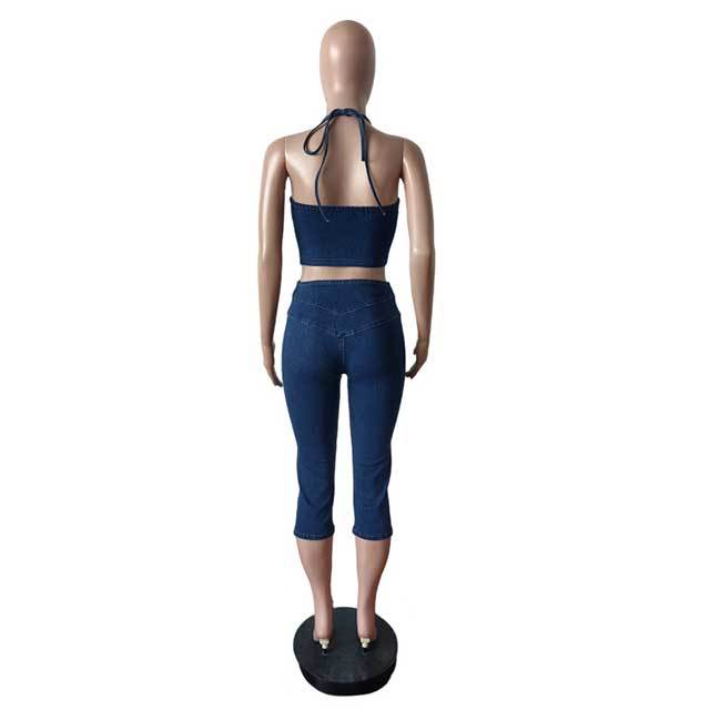 Halter Neck Zipper Up Crop Top Denim Midi Pant Set
