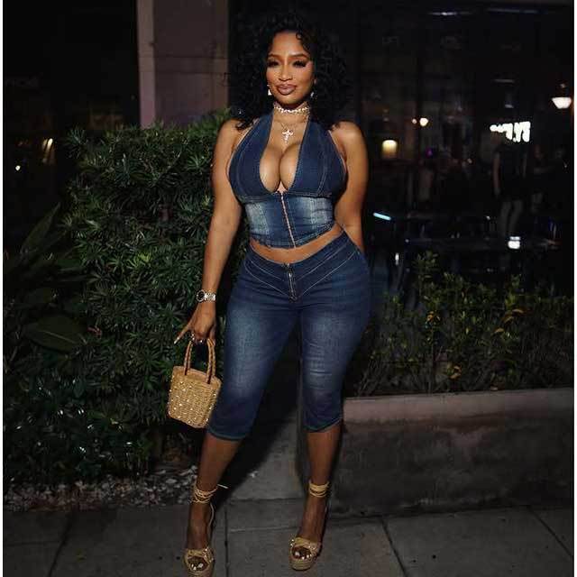 Halter Neck Zipper Up Crop Top Denim Midi Pant Set