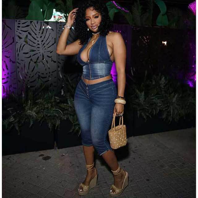 Halter Neck Zipper Up Crop Top Denim Midi Pant Set