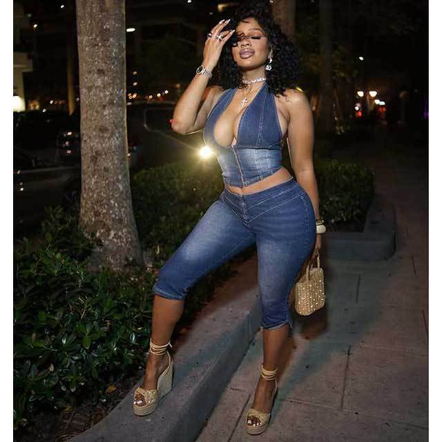 Halter Neck Zipper Up Crop Top Denim Midi Pant Set