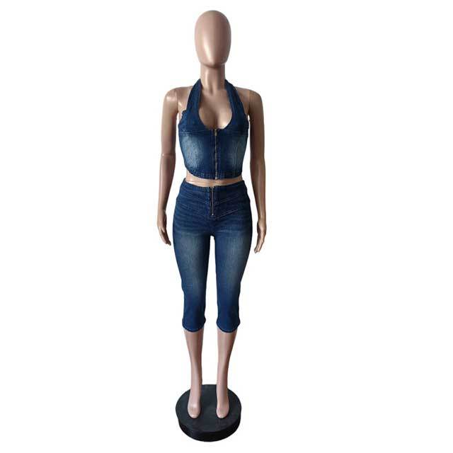 Halter Neck Zipper Up Crop Top Denim Midi Pant Set