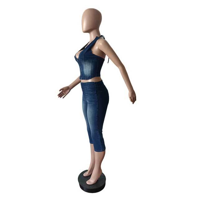 Halter Neck Zipper Up Crop Top Denim Midi Pant Set