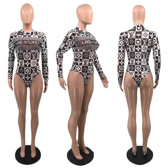 Mesh Printed Sexy Long Sleeve One Piece