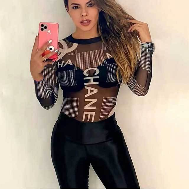 Mesh Printed Sexy Long Sleeve One Piece